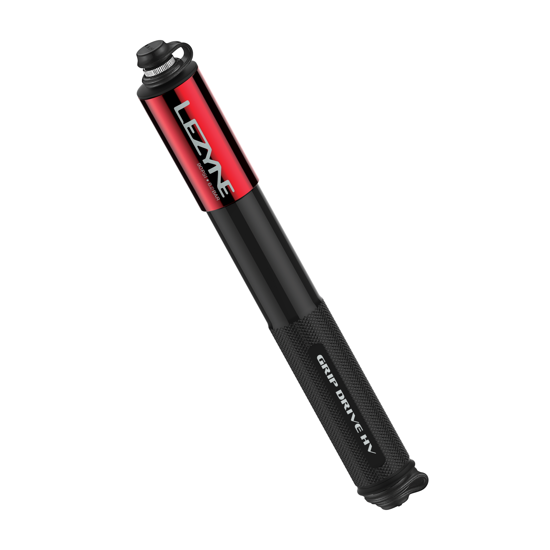 Lezyne Grip Drive HV bicycle pump with black body and red accent section