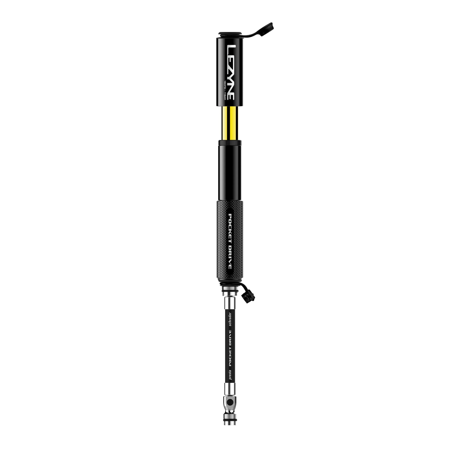 Lezyne Pocket Drive bicycle pump in black with yellow compression tube