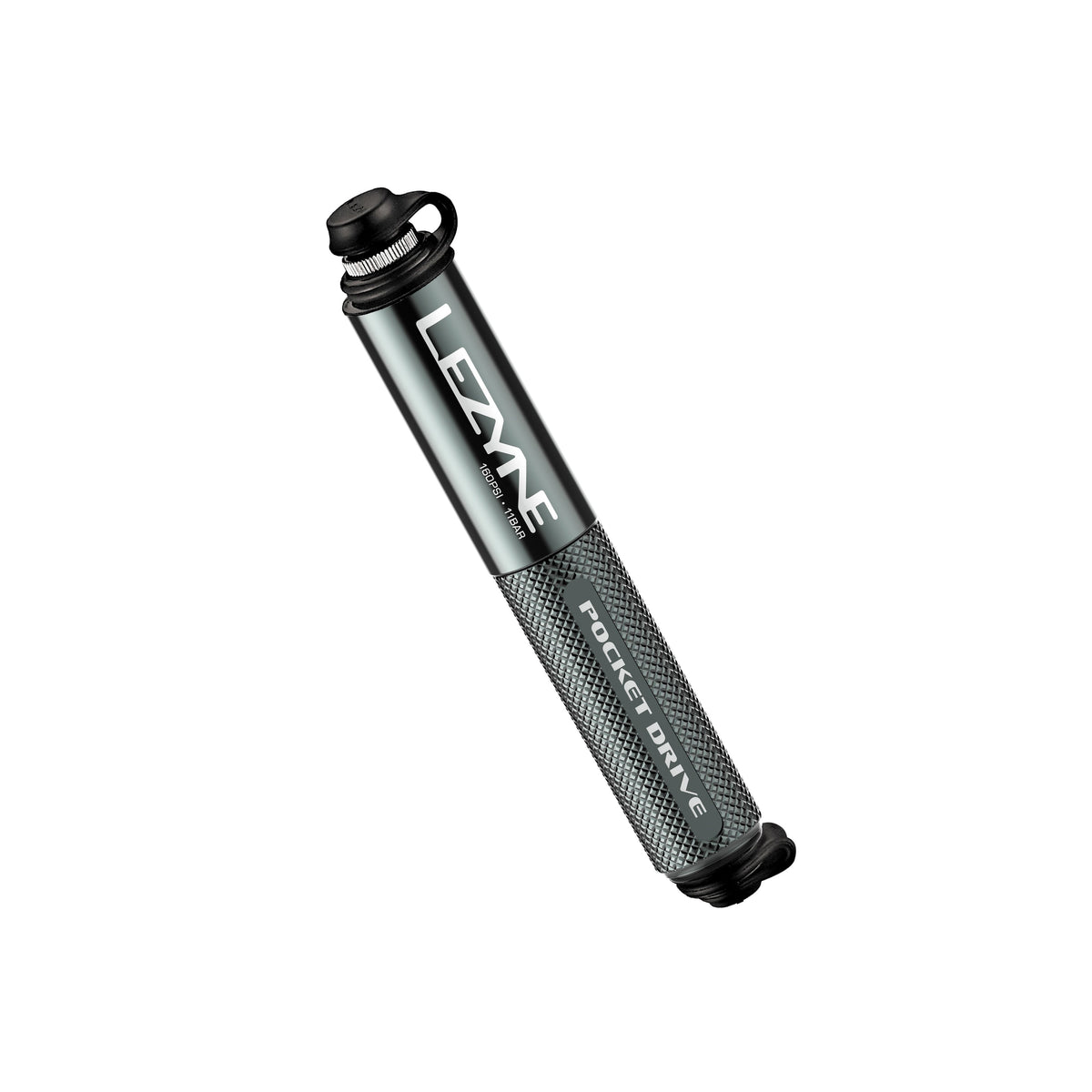 Lezyne Pocket Drive mini bike pump in gunmetal gray with knurled grip handle