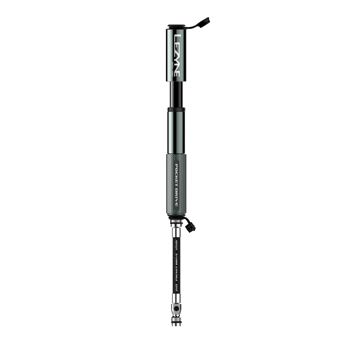 Lezyne Pocket Drive Lite Mini Pump in black and dark green with silver hose