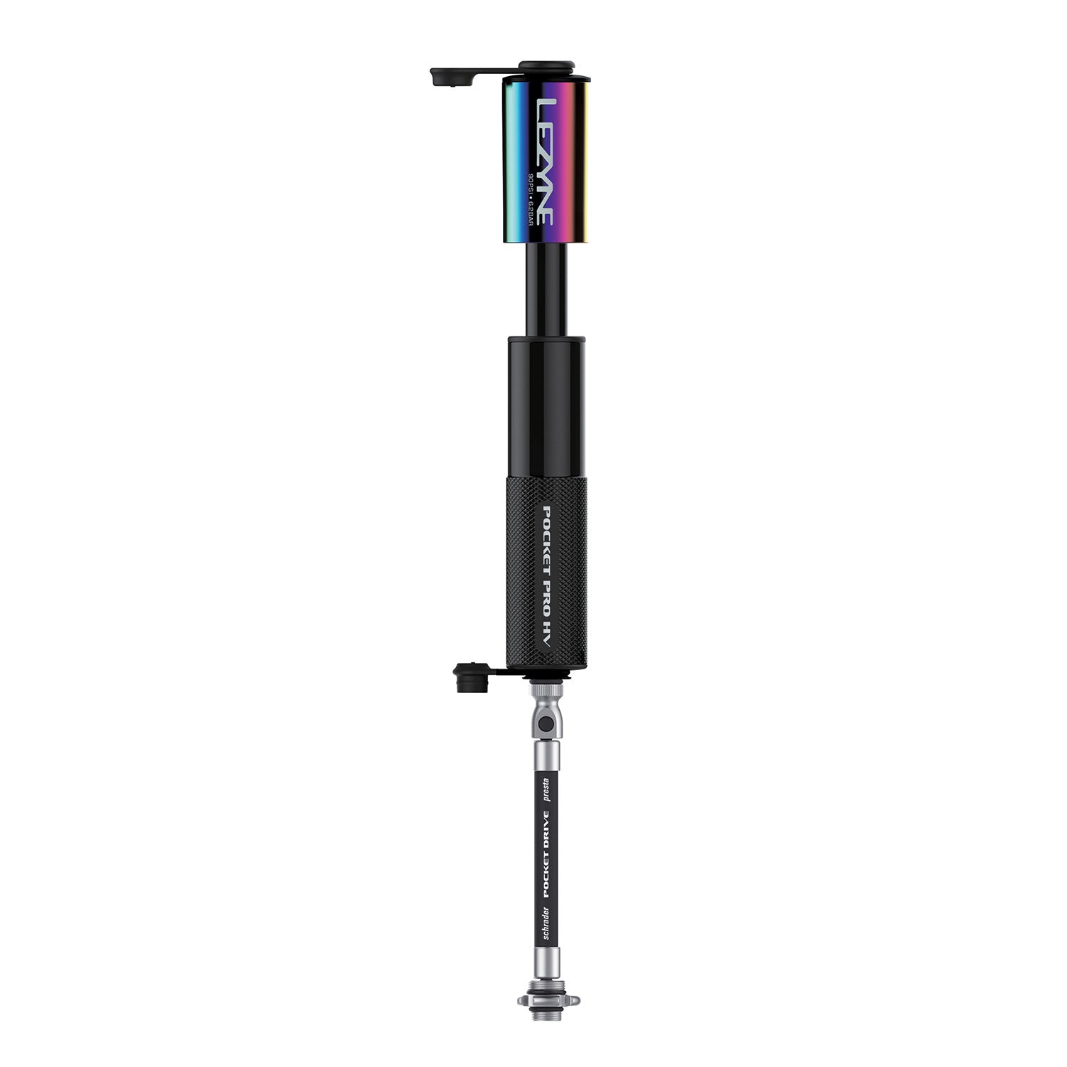 Lezyne Pocket Drive Pro HV black bicycle pump with iridescent cylinder