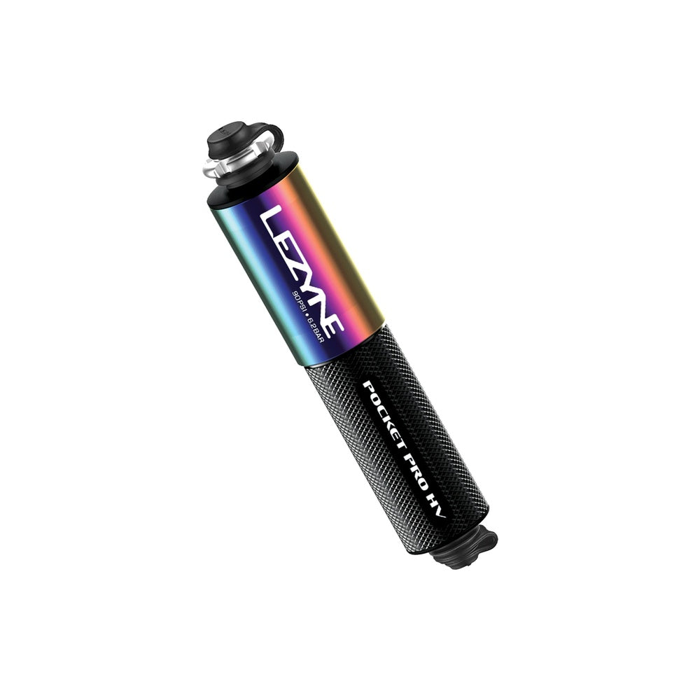 Lezyne Pocket Drive Pro HV bicycle pump with rainbow iridescent finish and black textured grip