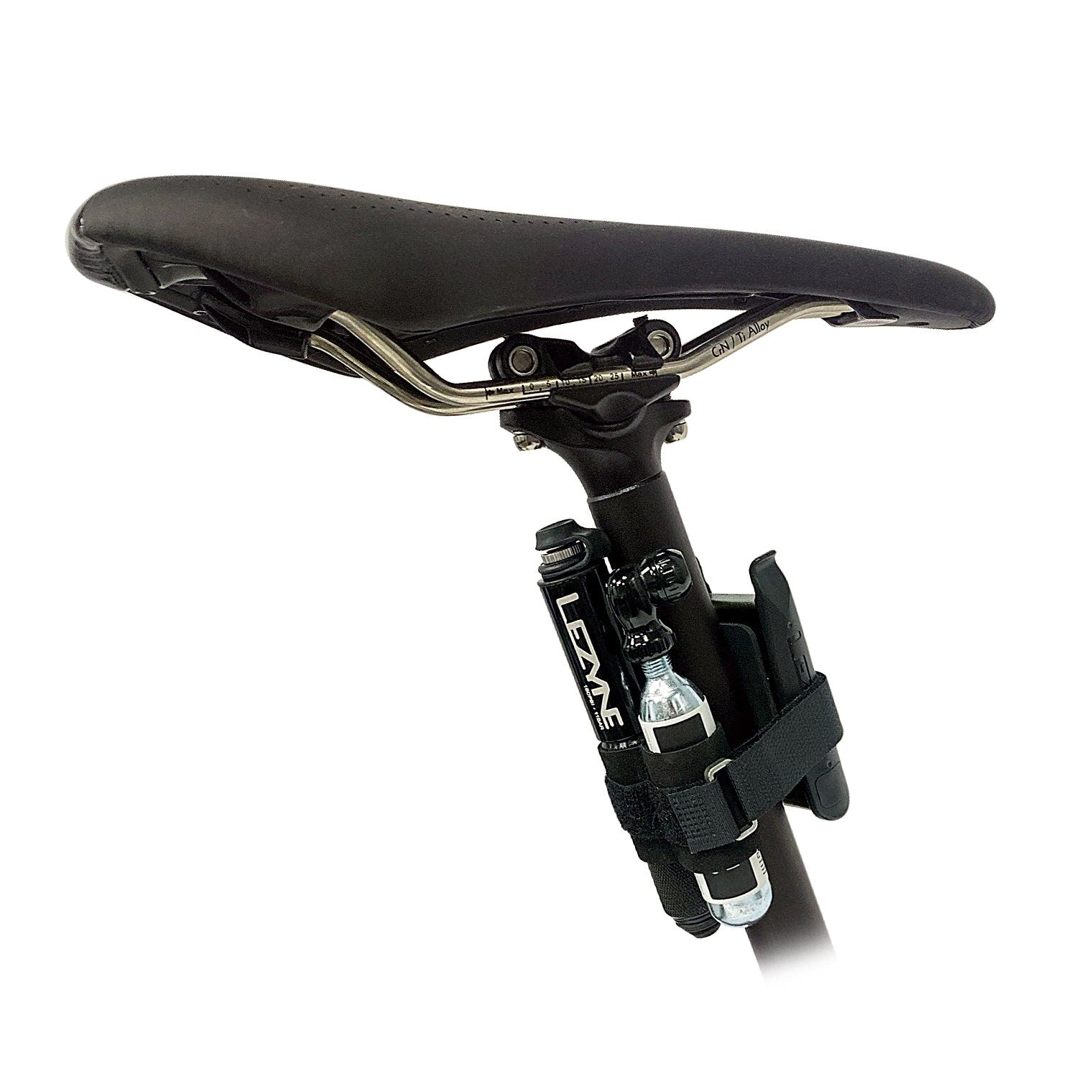Lezyne Pocket Drive black bike pump mounted on bicycle seatpost