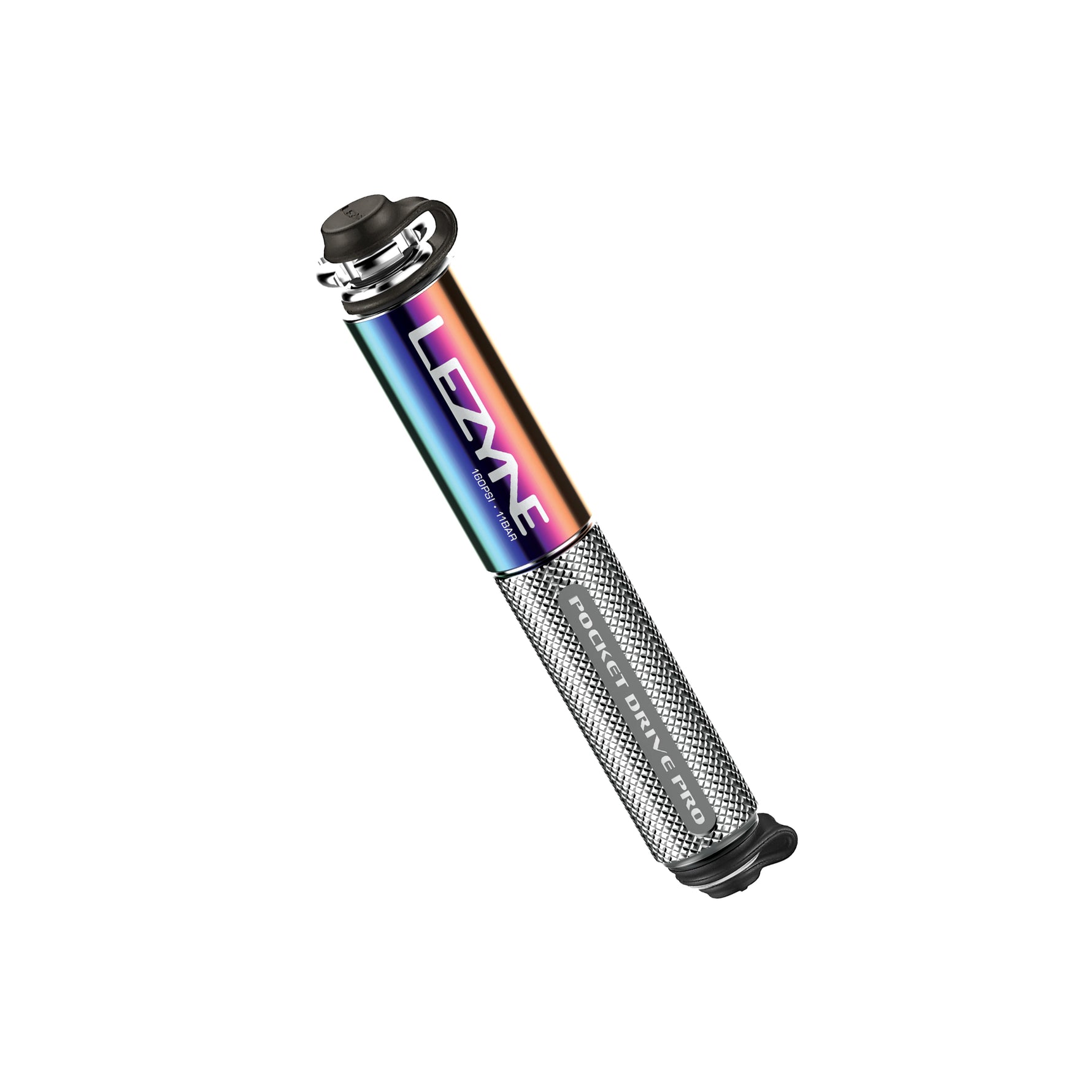 Lezyne Pocket Drive Pro HV pump with iridescent rainbow finish and black textured grip