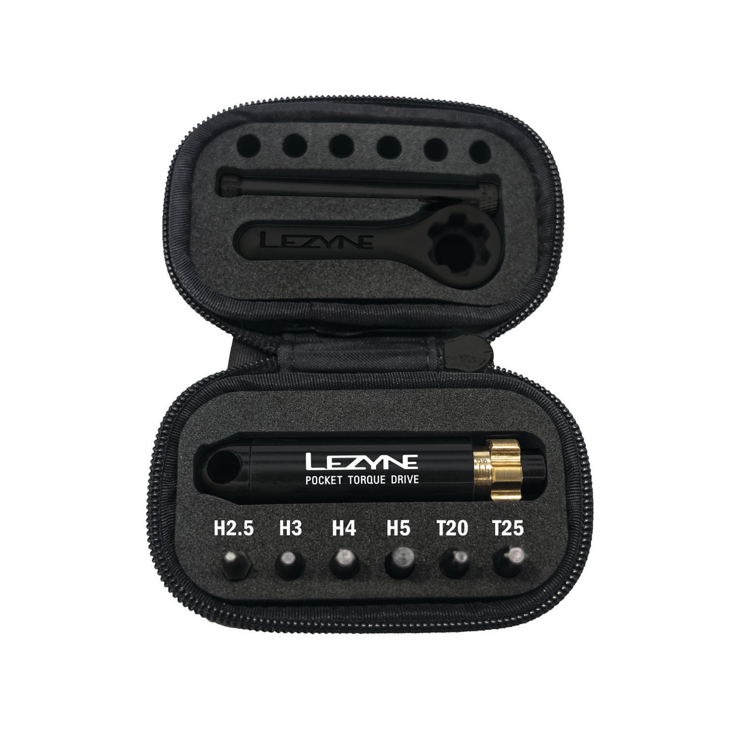 Lezyne Pocket Torque Drive in black case with hex and Torx bits