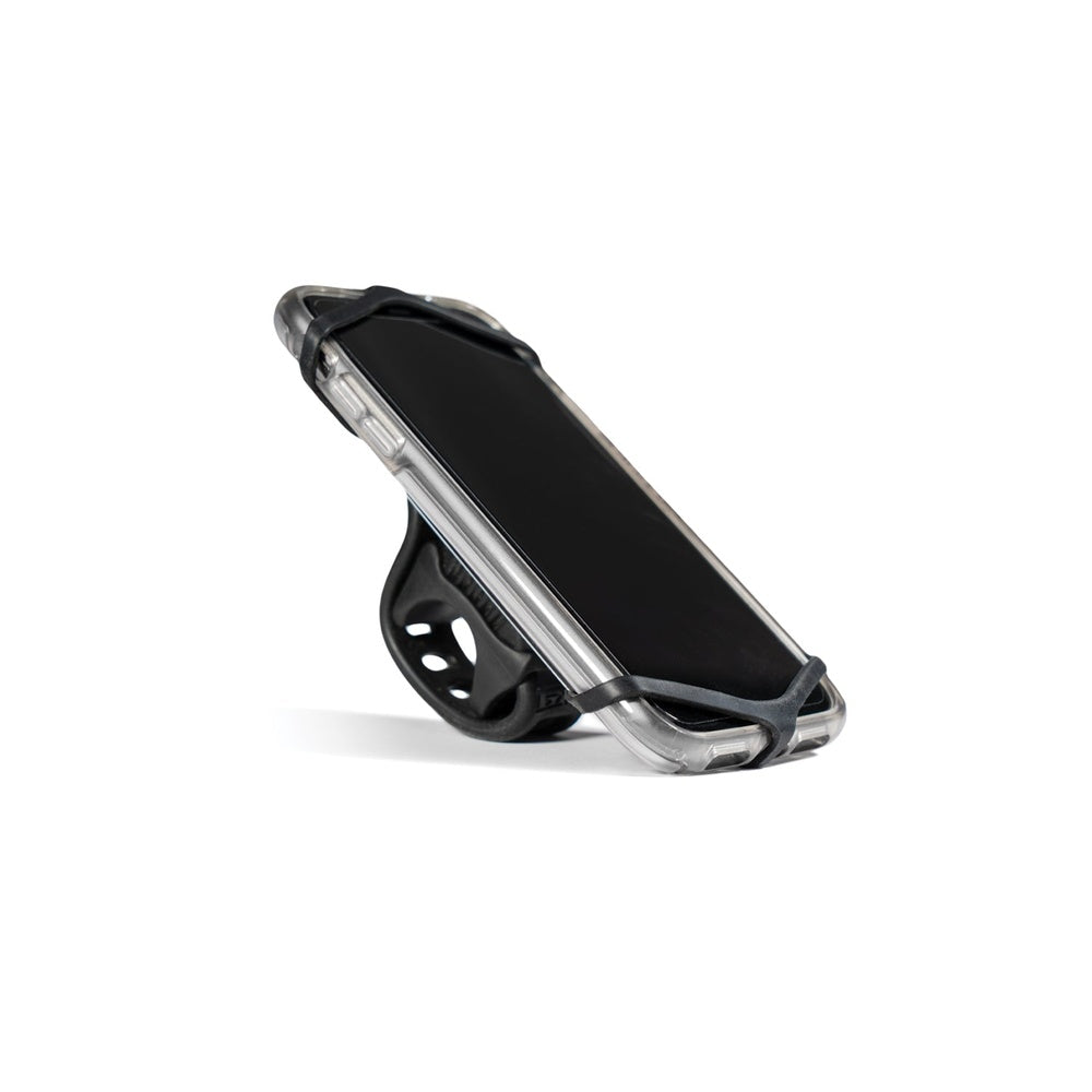 Black Lezyne Smart Grip Mount phone holder with clear protective case and adjustable grip