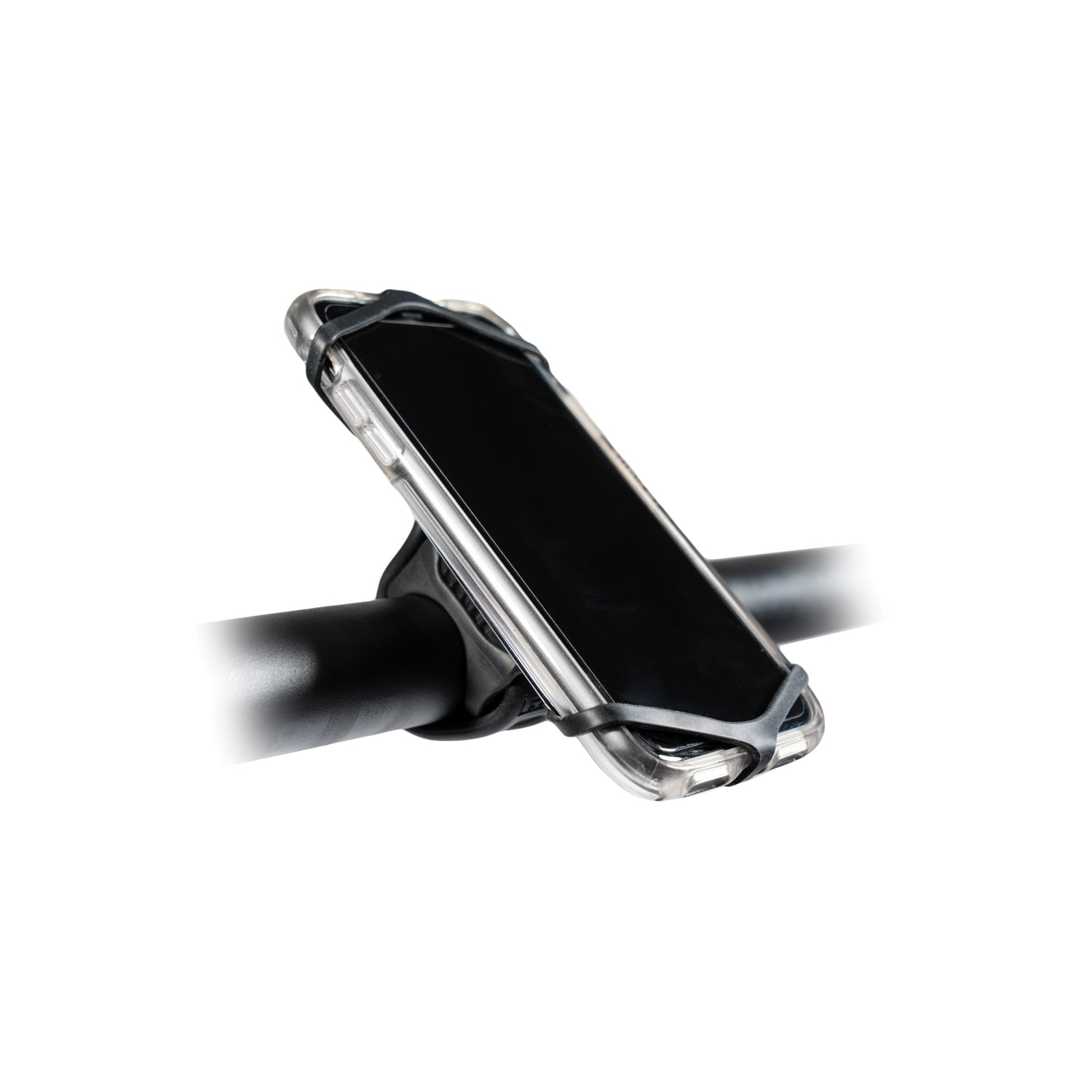 Lezyne Smart Grip Mount holding smartphone in clear protective case on black mount