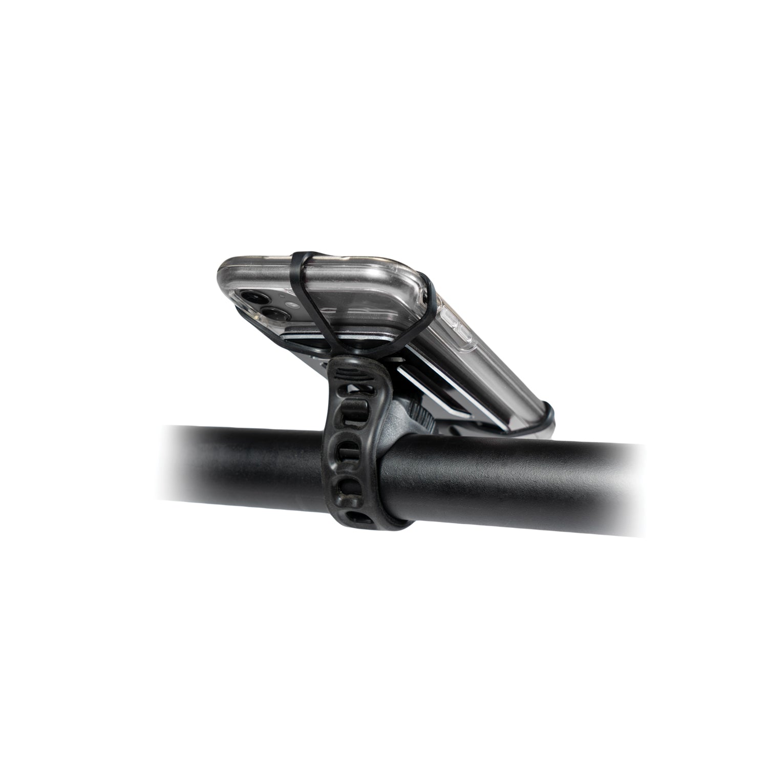 Lezyne Smart Grip Mount with clear phone case attached to black handlebar