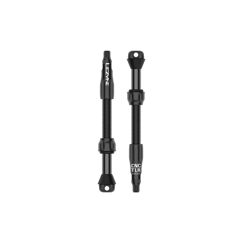Lezyne CNC TLR tubeless valve pair in black with threaded stems