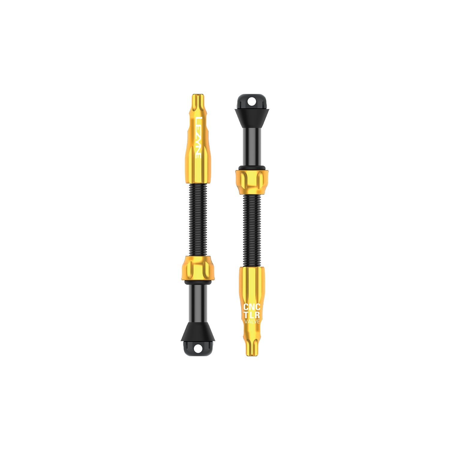 Two Lezyne CNC TLR valve stems with black and gold anodized aluminum components