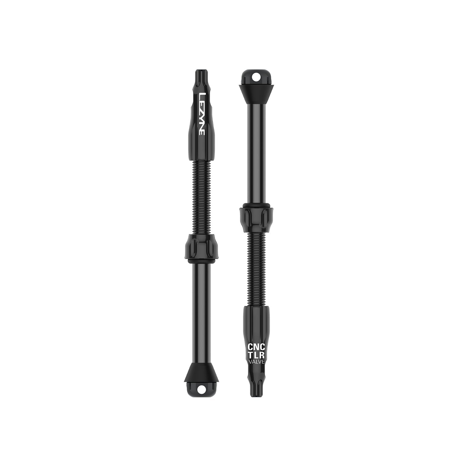 Two black Lezyne CNC TLR valve stems with threaded bodies and mounting hardware