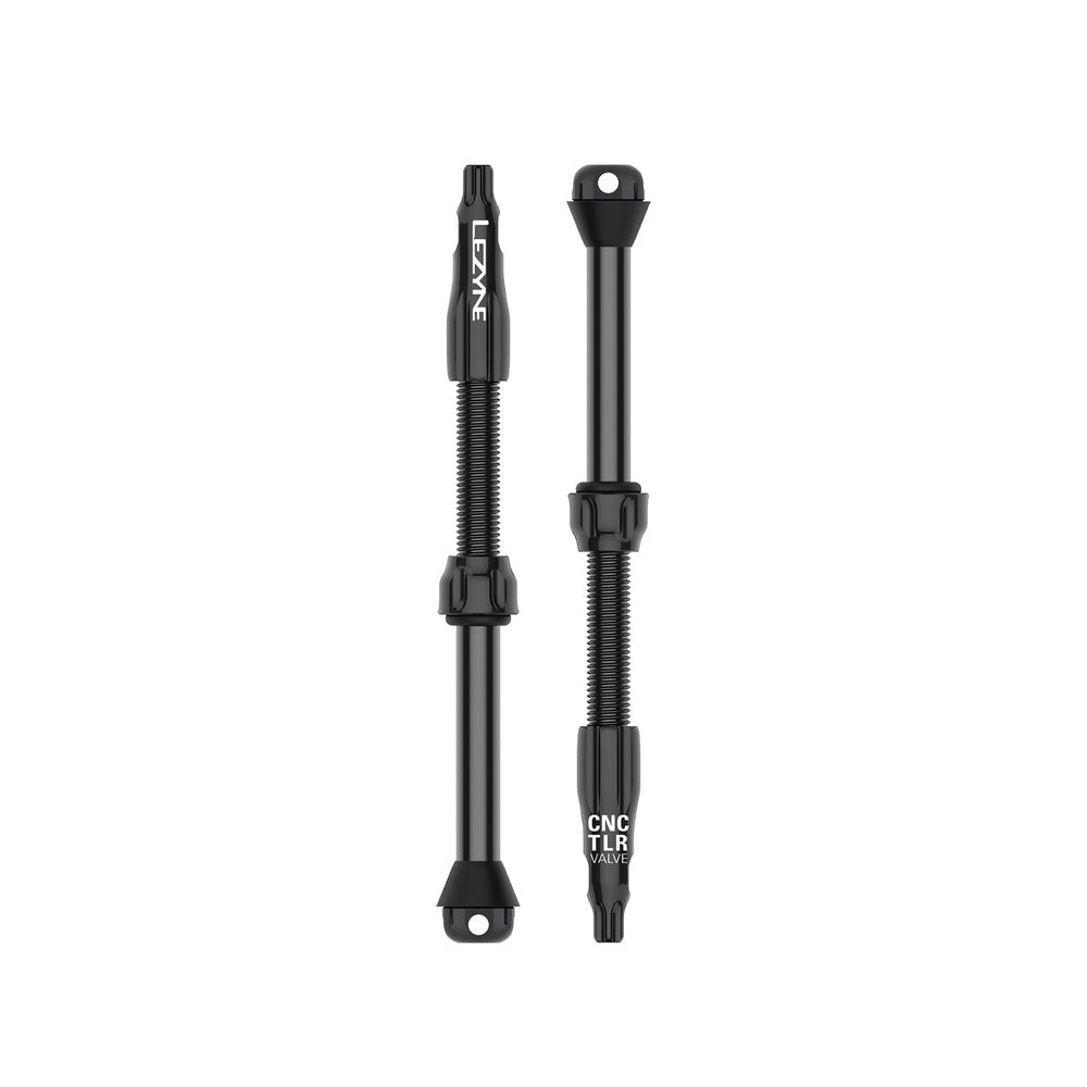 Two black Lezyne CNC TLR tubeless bike valve stems with threaded sections