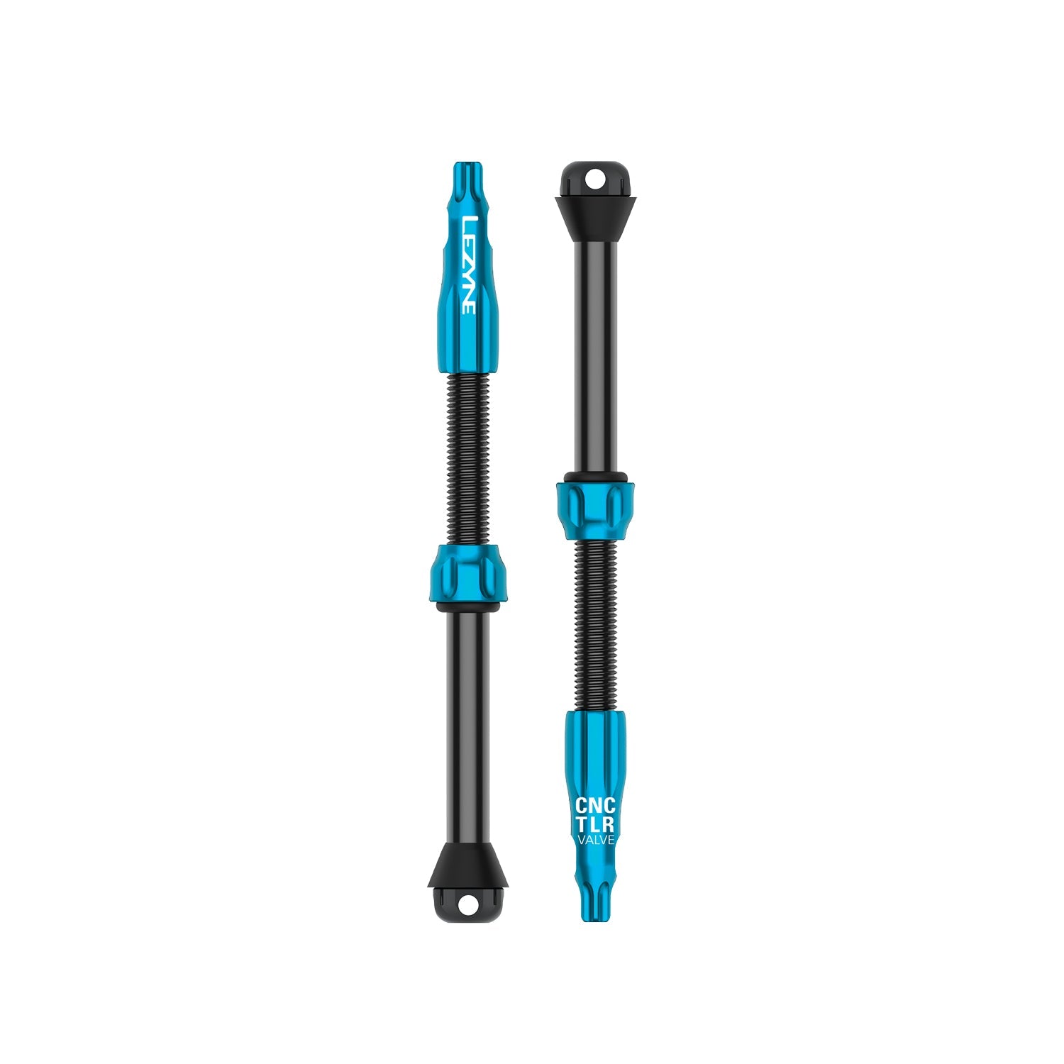 Two Lezyne CNC TLR tubeless bike valves with blue anodized parts and black stems