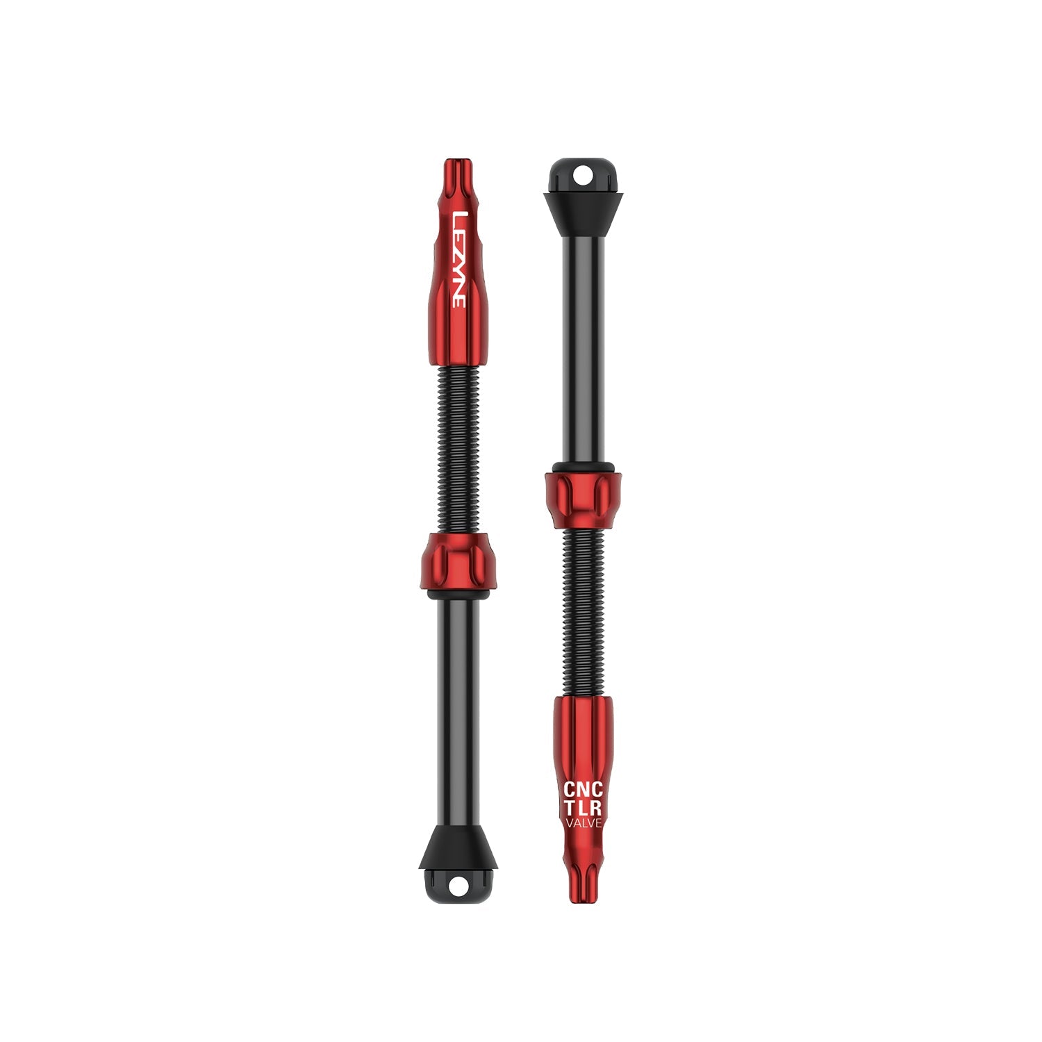 Lezyne CNC TLR tubeless valve stems with red anodized components and black threading