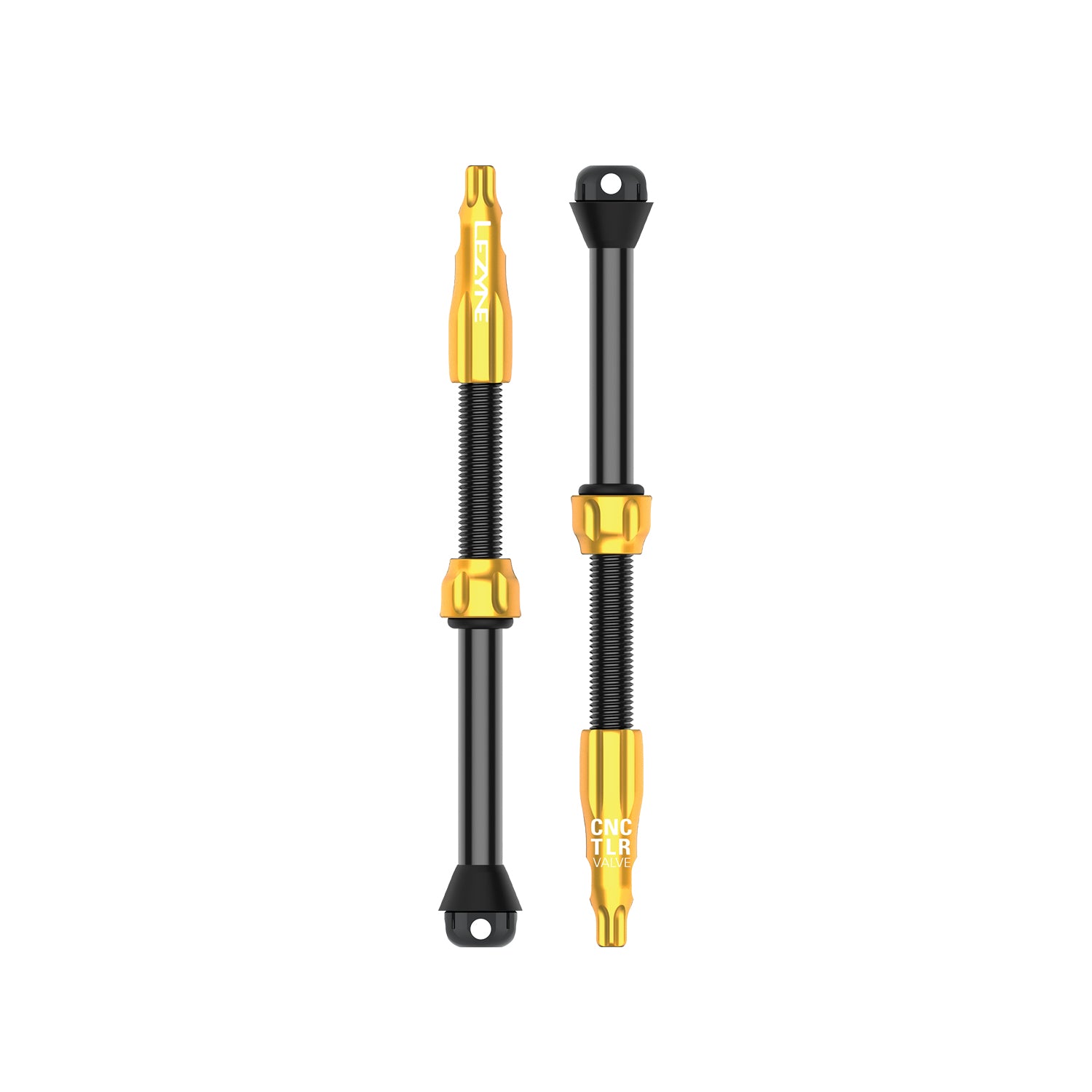 Lezyne CNC TLR valve stems in black with gold anodized components