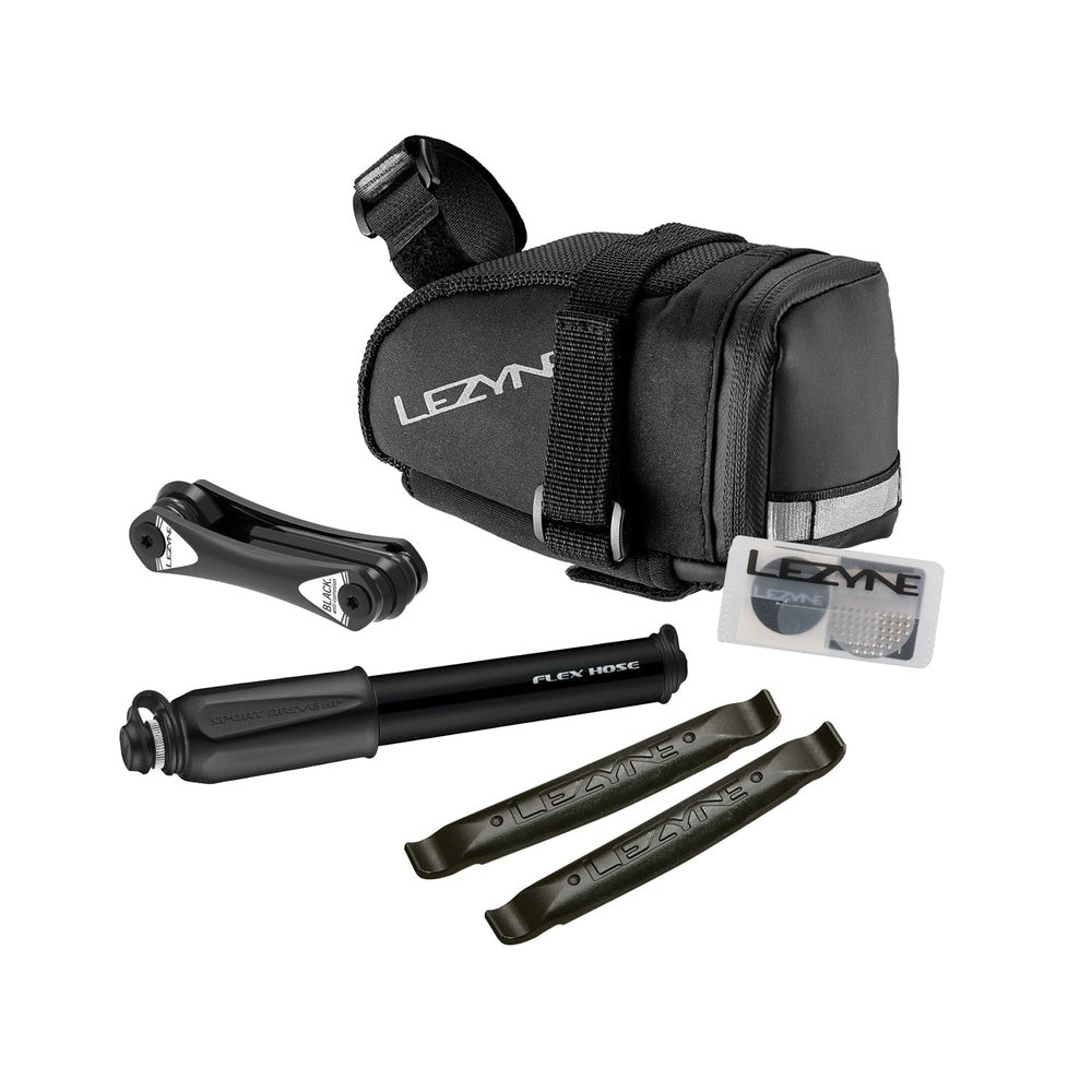 Lezyne M-Caddy Sport Kit with black saddle bag, tire levers, pump and patches