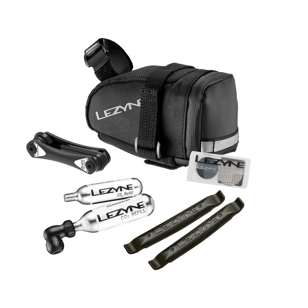 Lezyne M-Caddy CO2 kit with black saddle bag, tire levers, and cartridges