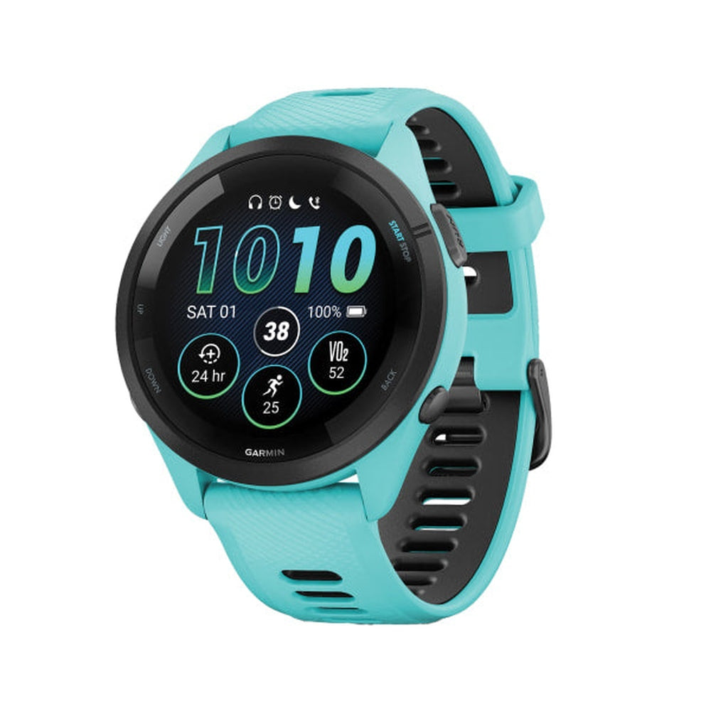 Garmin Forerunner 265 smartwatch with aqua case and aqua/black silicone band displaying fitness metrics