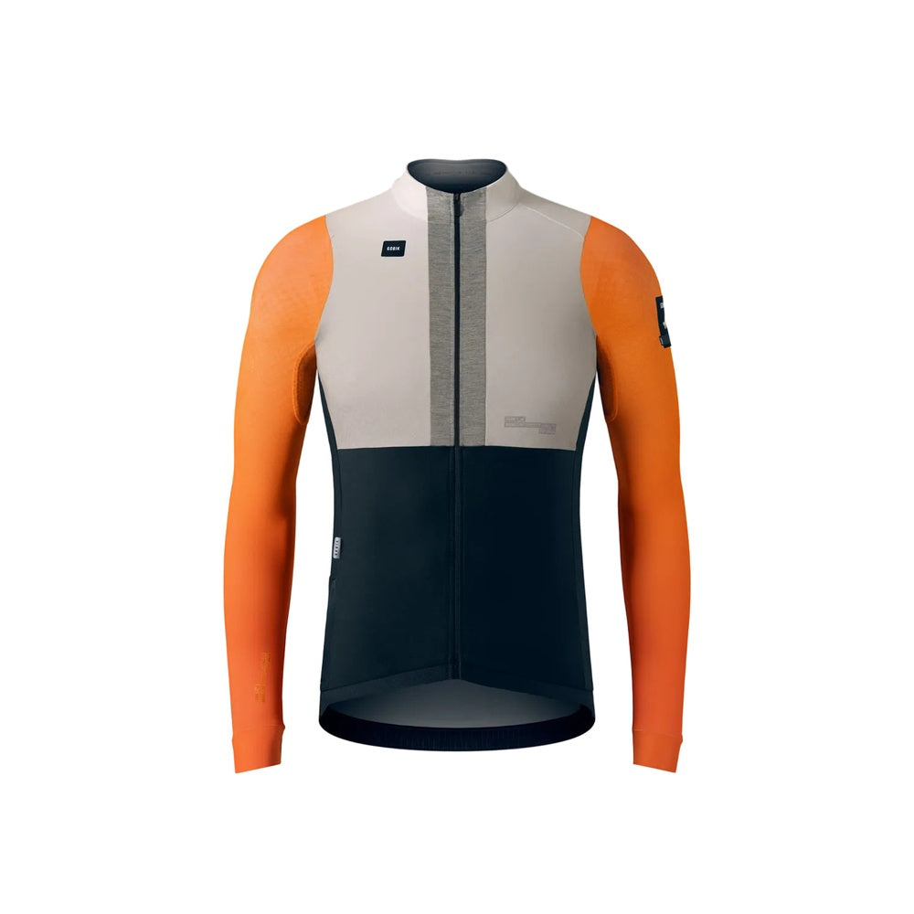 Gobik Hyder Blend long sleeve cycling jersey in Aurland colorway with orange sleeves