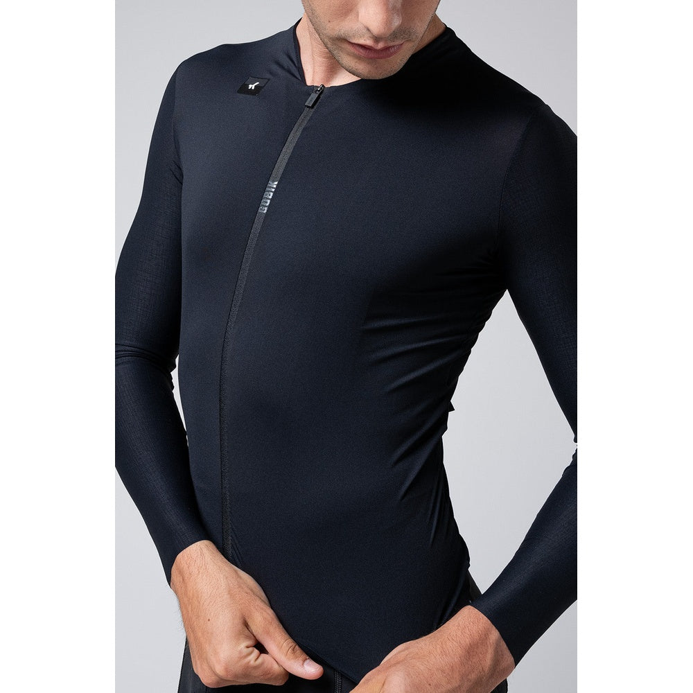 Man wearing dark navy Gobik Avalon cycling jersey with front zipper