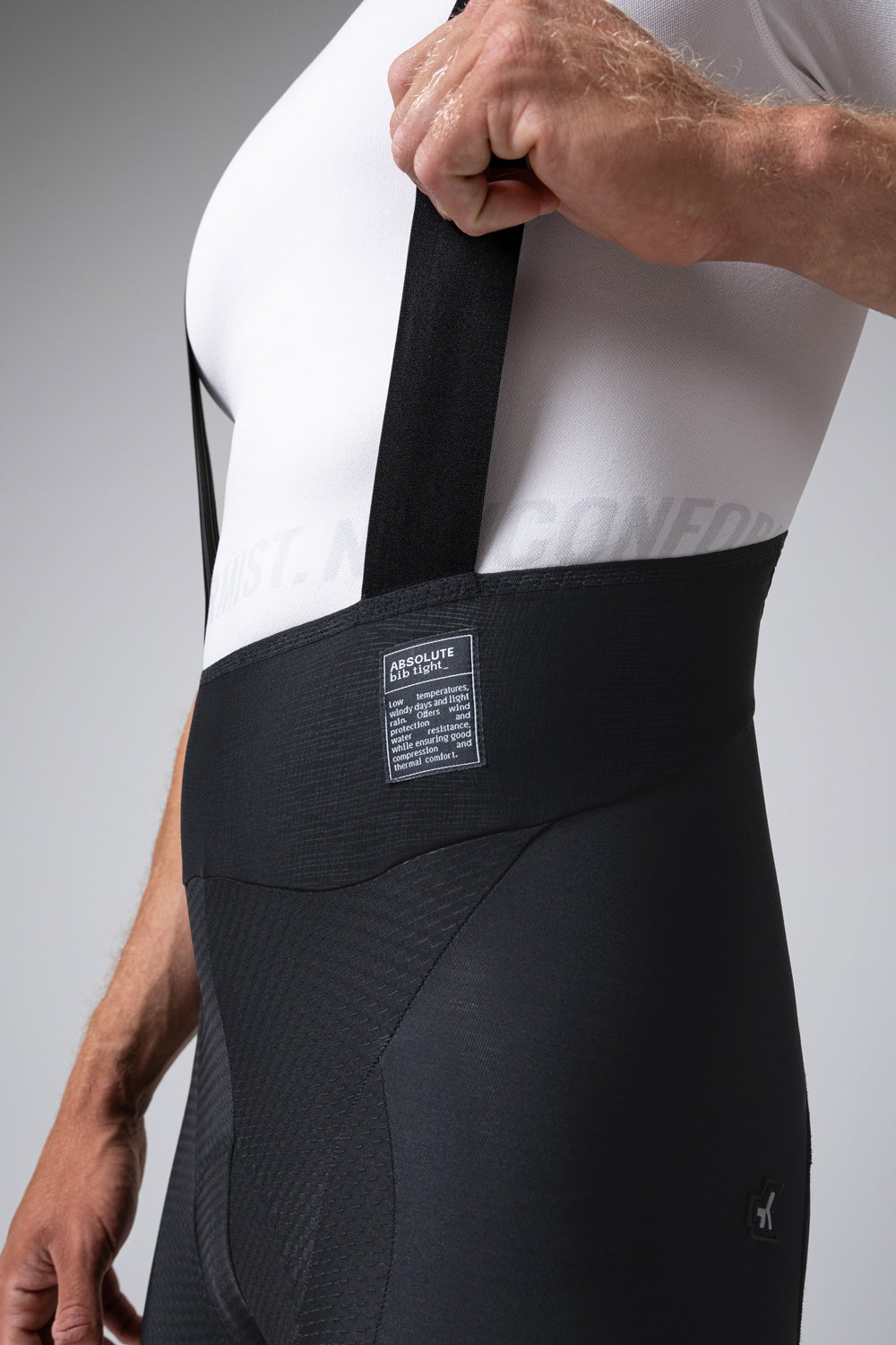 Gobik Absolute 7.0 black cycling bib shorts with shoulder straps on model