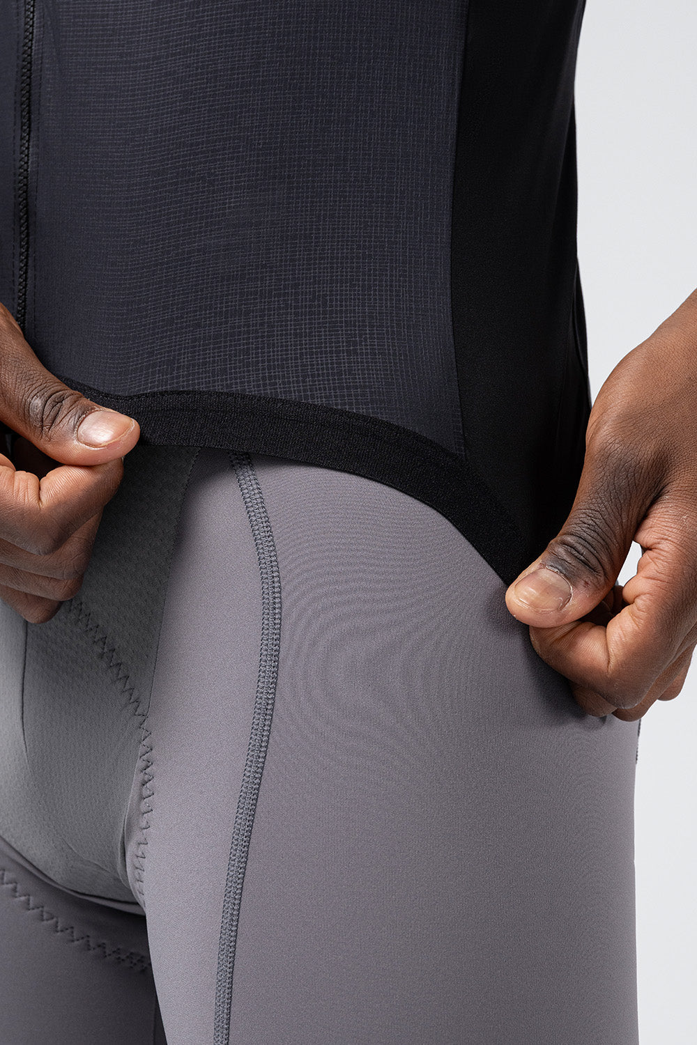 Gobik Vector 2.0 cycling vest in Crow black colorway showing technical fabric details