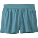 Brooks Sherpa 5-inch men's running shorts in Storm Blue, flat lay view showing elastic waistband and perforated side panels