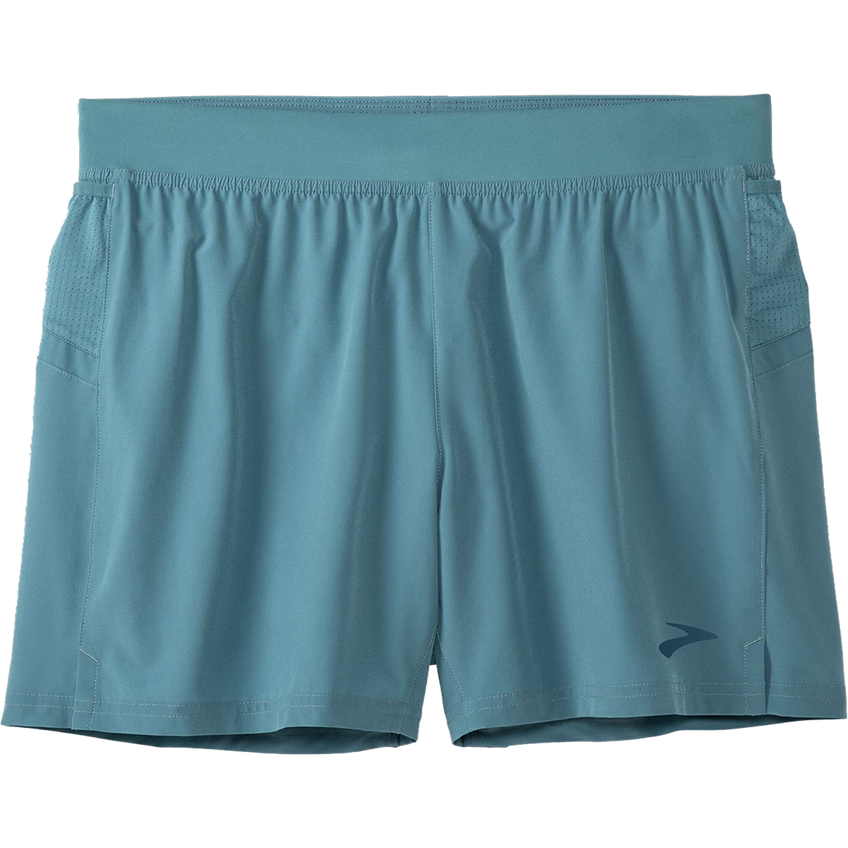 Brooks Sherpa 5-inch men's running shorts in Storm Blue, flat lay view showing elastic waistband and perforated side panels