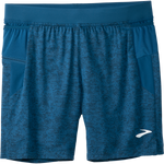 Brooks Sherpa men's blue running shorts with heathered pattern and side pockets