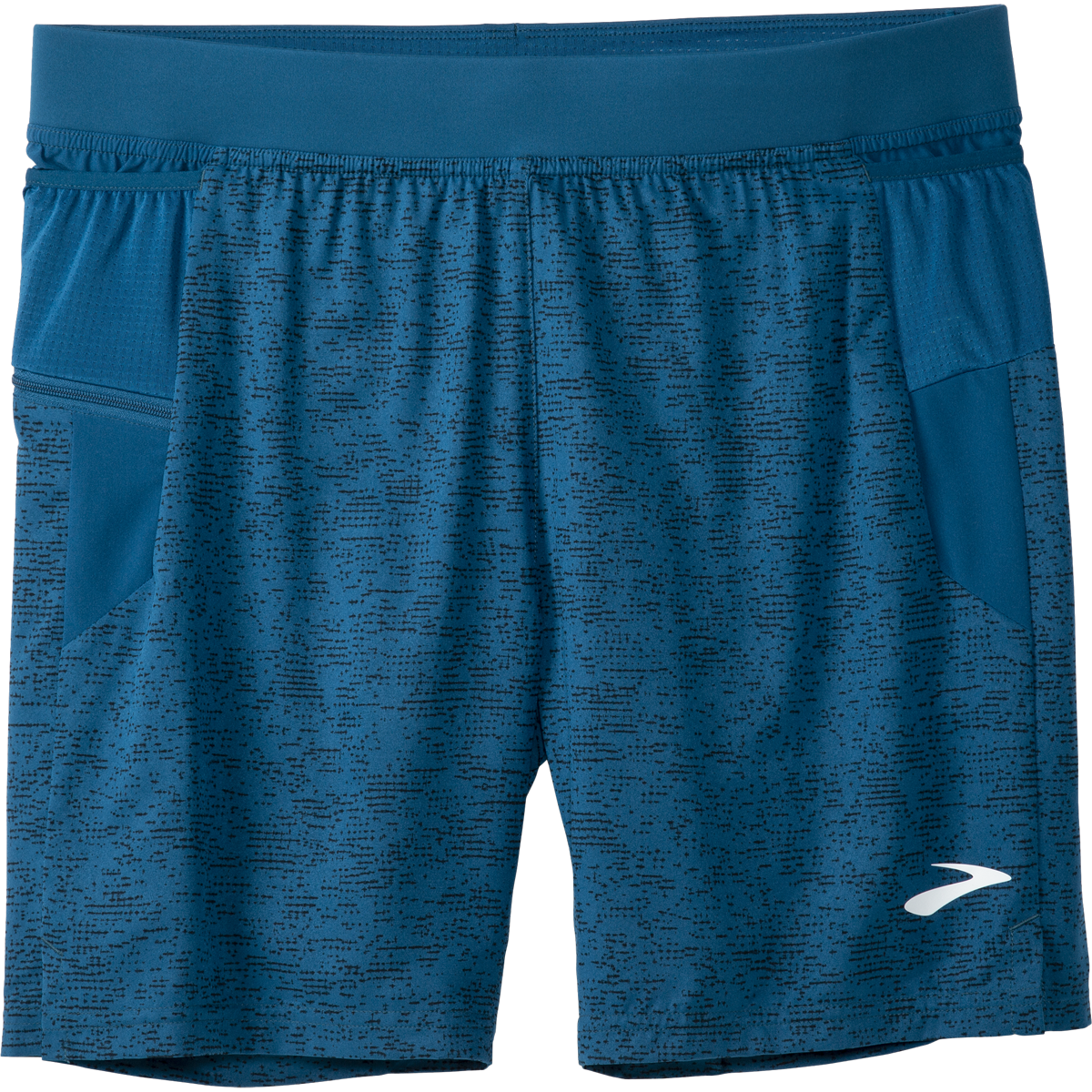 Brooks Sherpa men's blue running shorts with heathered pattern and side pockets