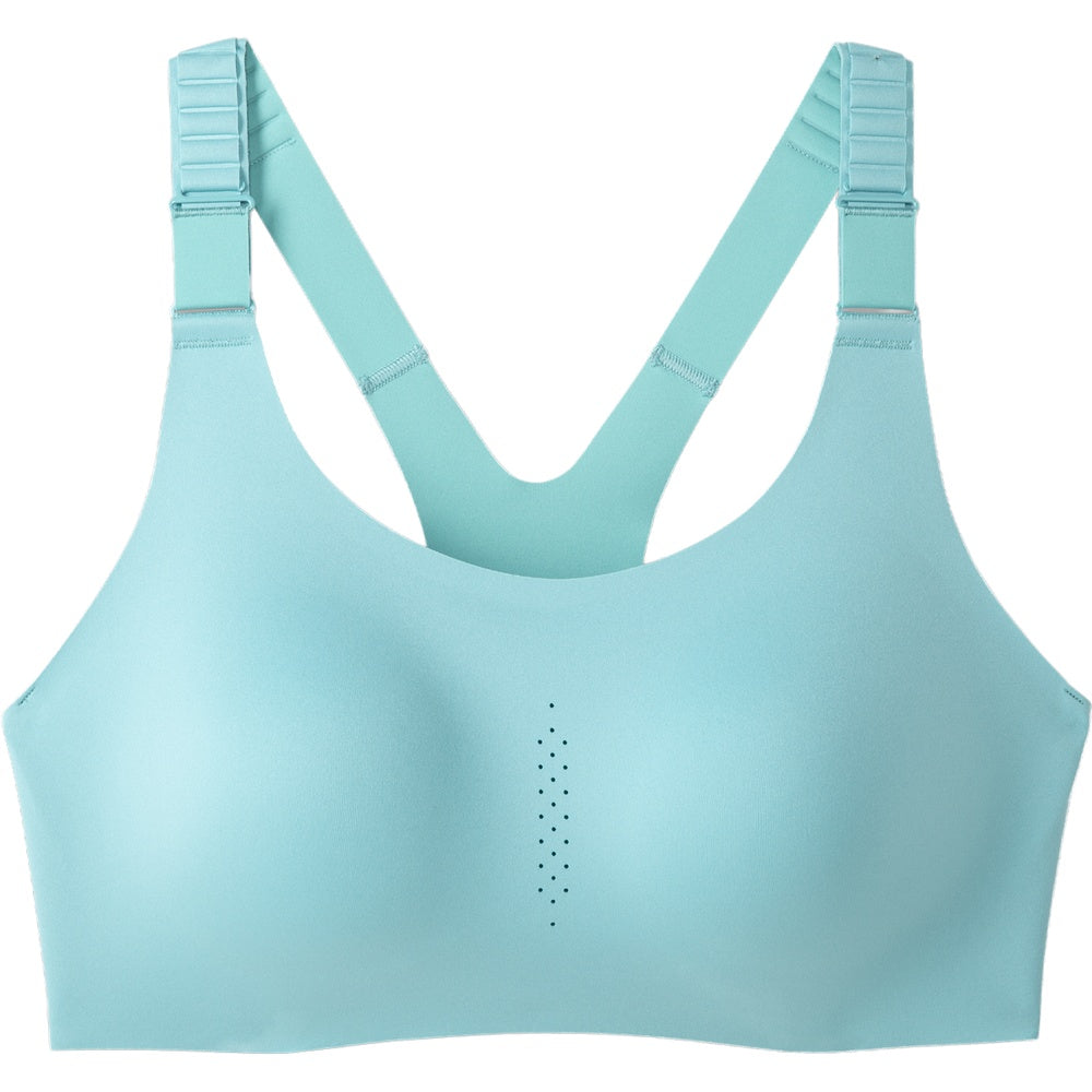 Brooks Dare Racerback 2.0 sports bra in aqua mint, front flat lay view