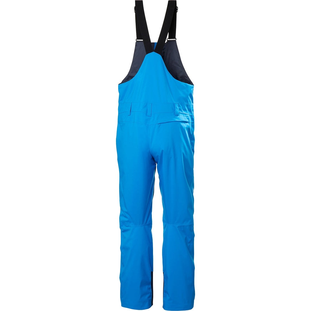 Blue waterproof bib overalls with adjustable black shoulder straps and navy contrast panels