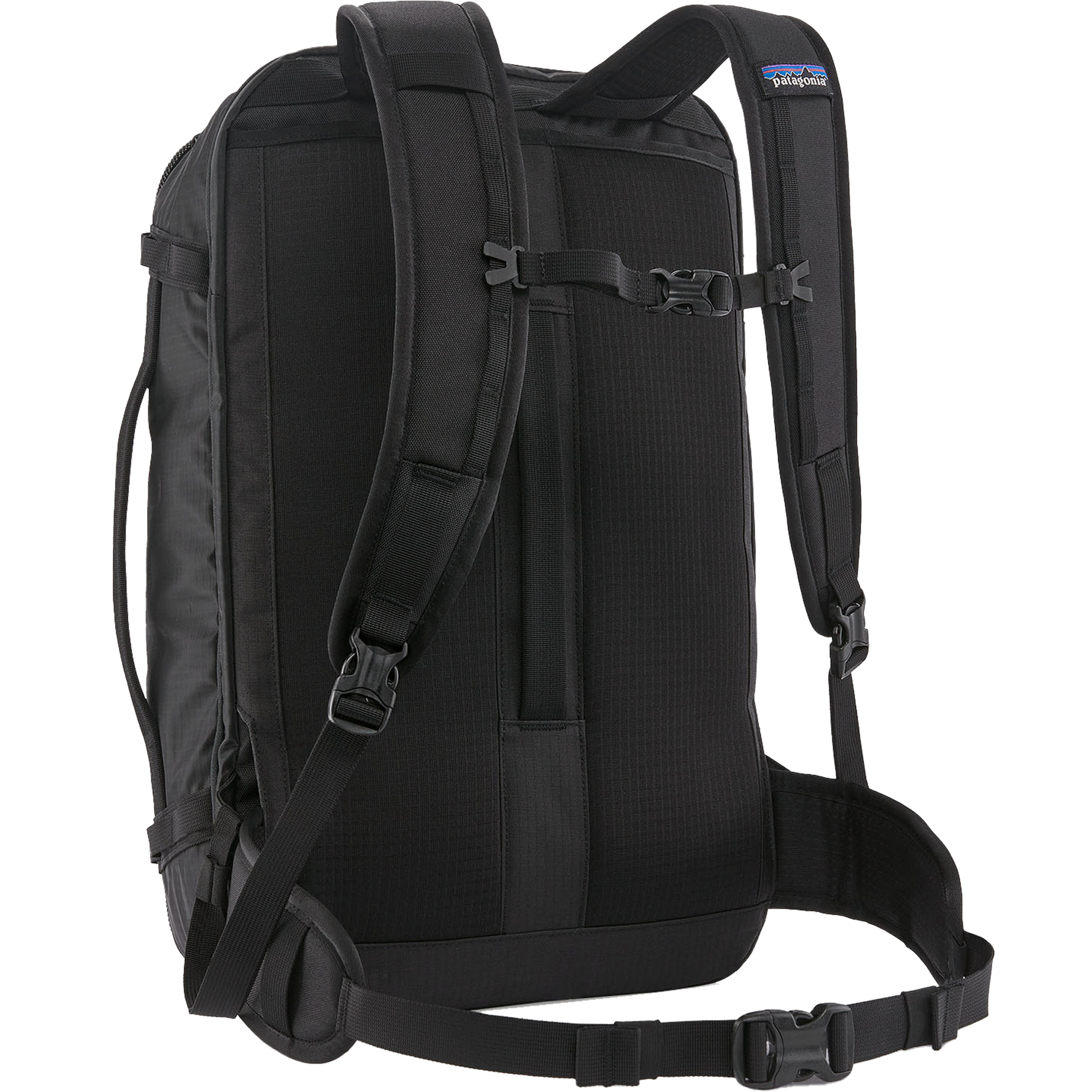 Patagonia Black Hole Mini MLC backpack in black showing shoulder straps and back panel