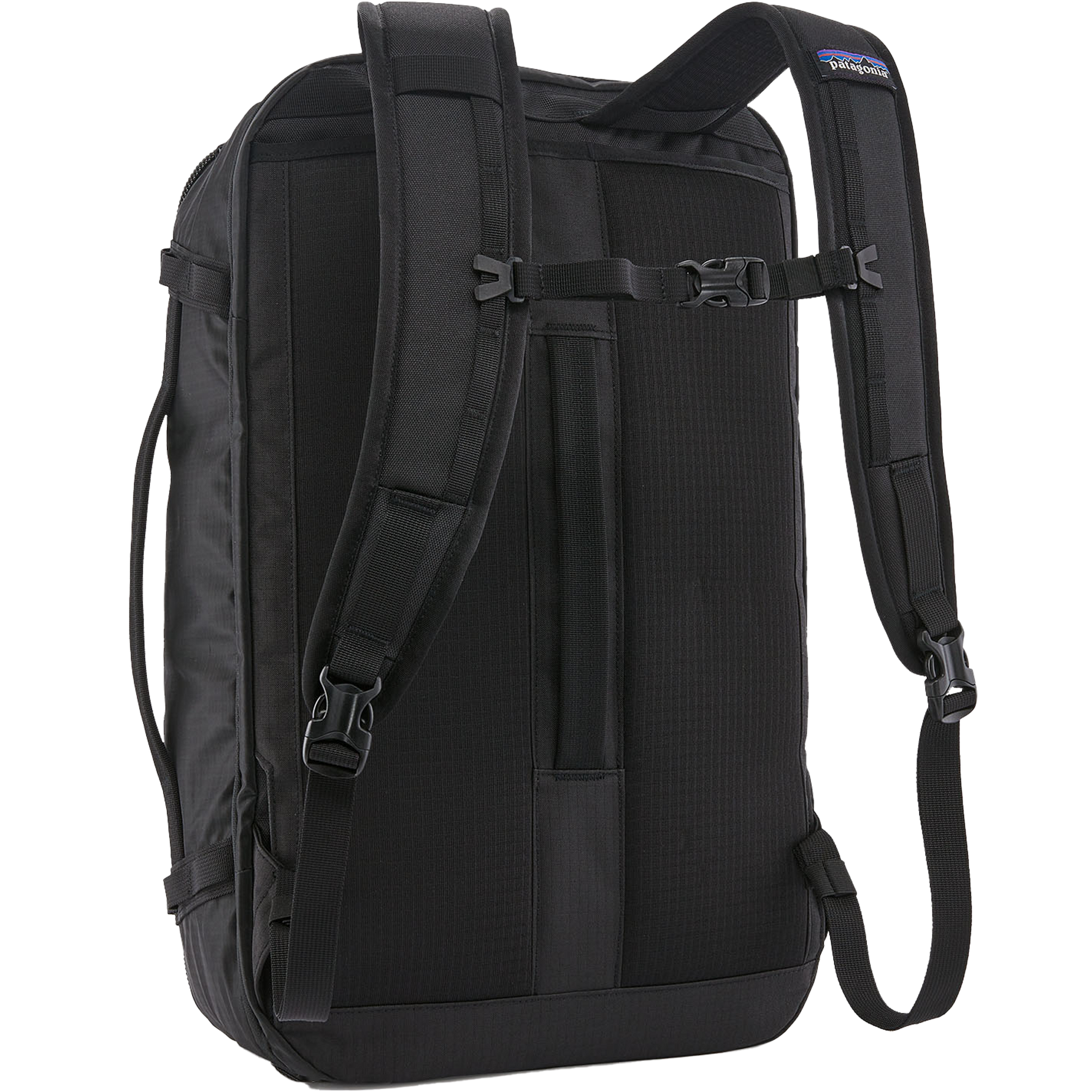 Patagonia Black Hole Mini MLC backpack in black showing shoulder straps and back panel