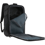 Open black Patagonia Black Hole Mini MLC backpack showing organized compartments and packing cubes
