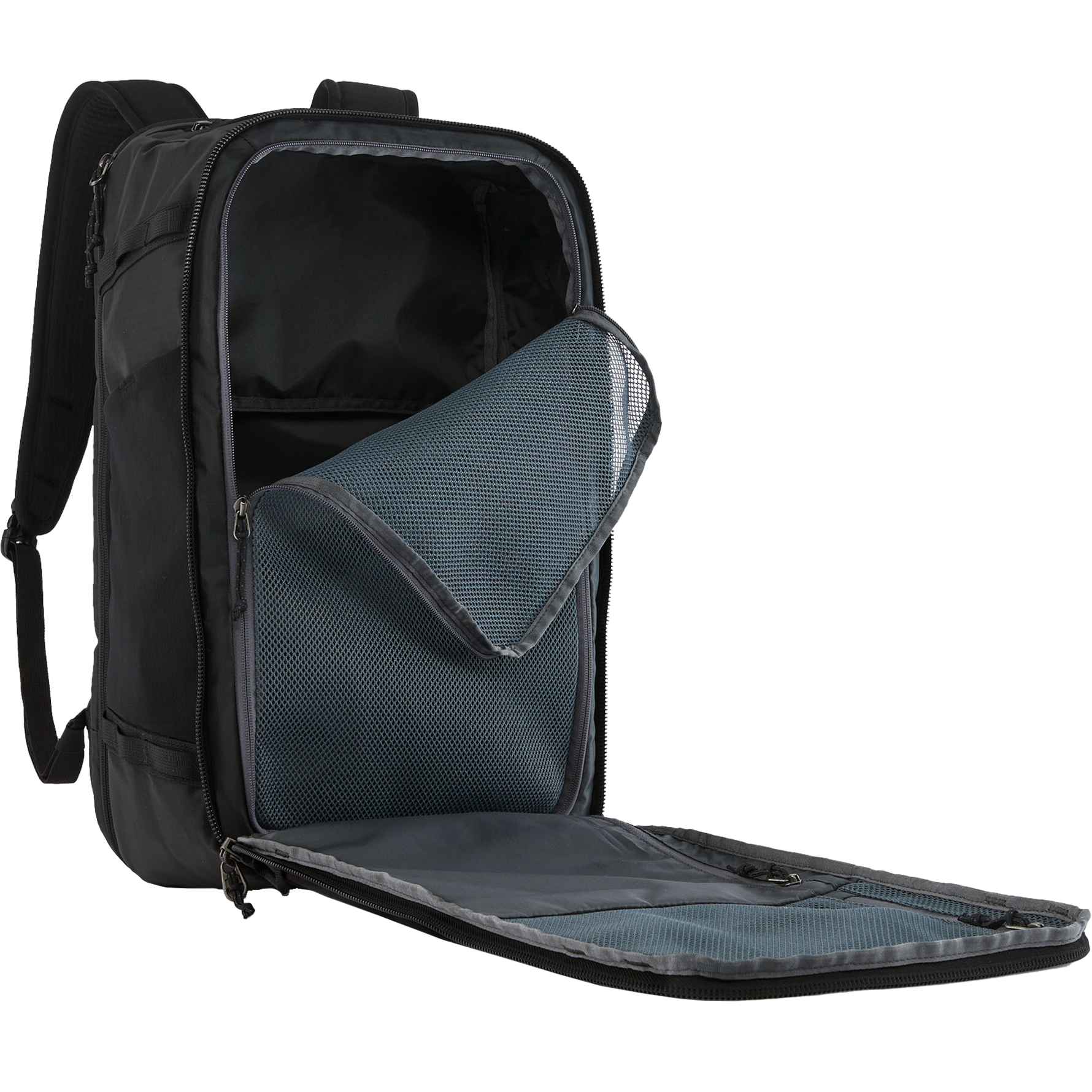 Open black Patagonia Black Hole Mini MLC backpack showing organized compartments and packing cubes