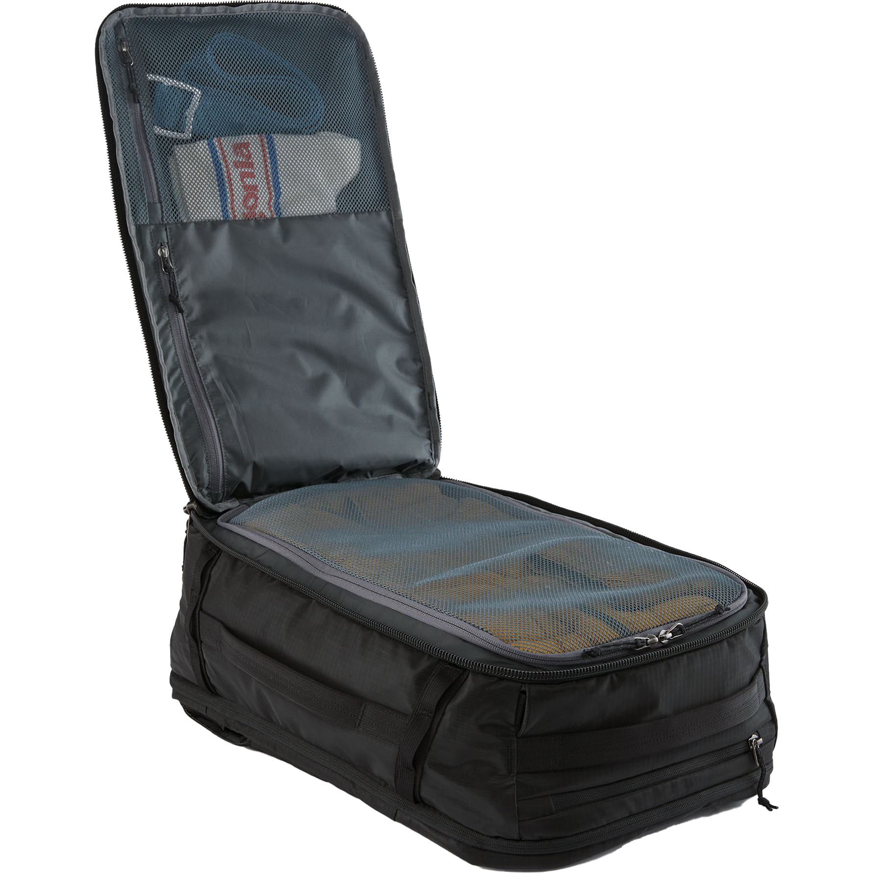 Patagonia Black Hole Mini MLC travel bag open showing compartments and organization