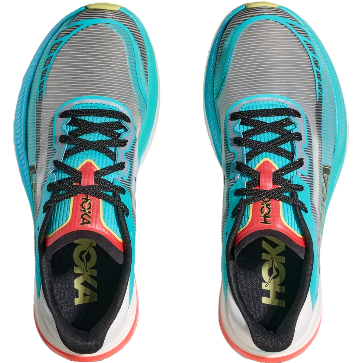 Hoka Cielo X1 2.0 running shoes in frost blue and coral colorway, top view