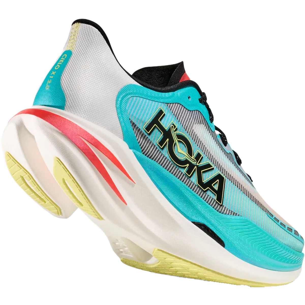 HOKA CIELO X1 2.0 running shoe in turquoise and coral colorway