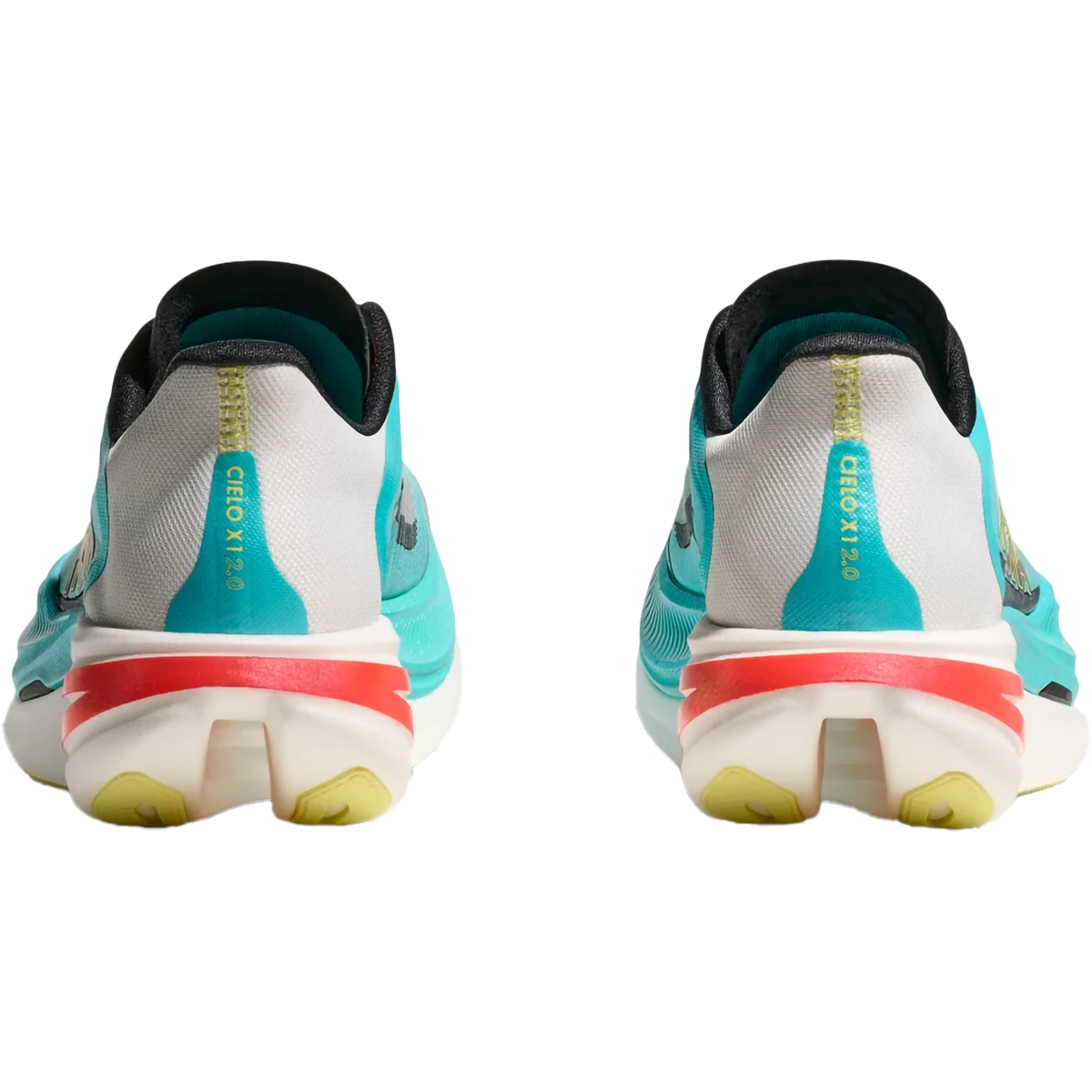 Hoka Cielo X1 2.0 running shoes in frost teal with coral and yellow accents