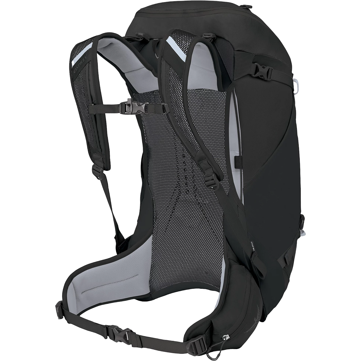 Osprey Hikelite 32 black hiking backpack showing back panel and shoulder straps