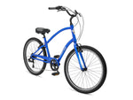 Blue Electra Townie bicycle with curved frame and upright handlebars on white background