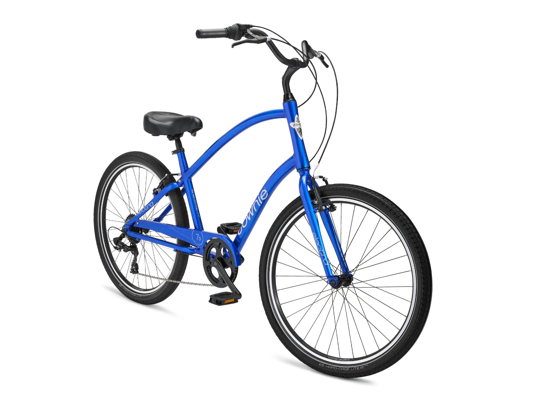 Blue Electra Townie bicycle with curved frame and upright handlebars on white background