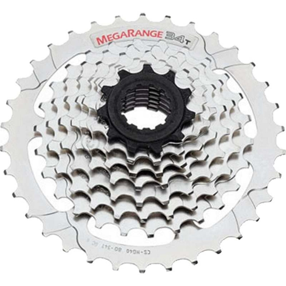 Shimano MegaRange 34T 8-speed bicycle cassette sprocket set in silver