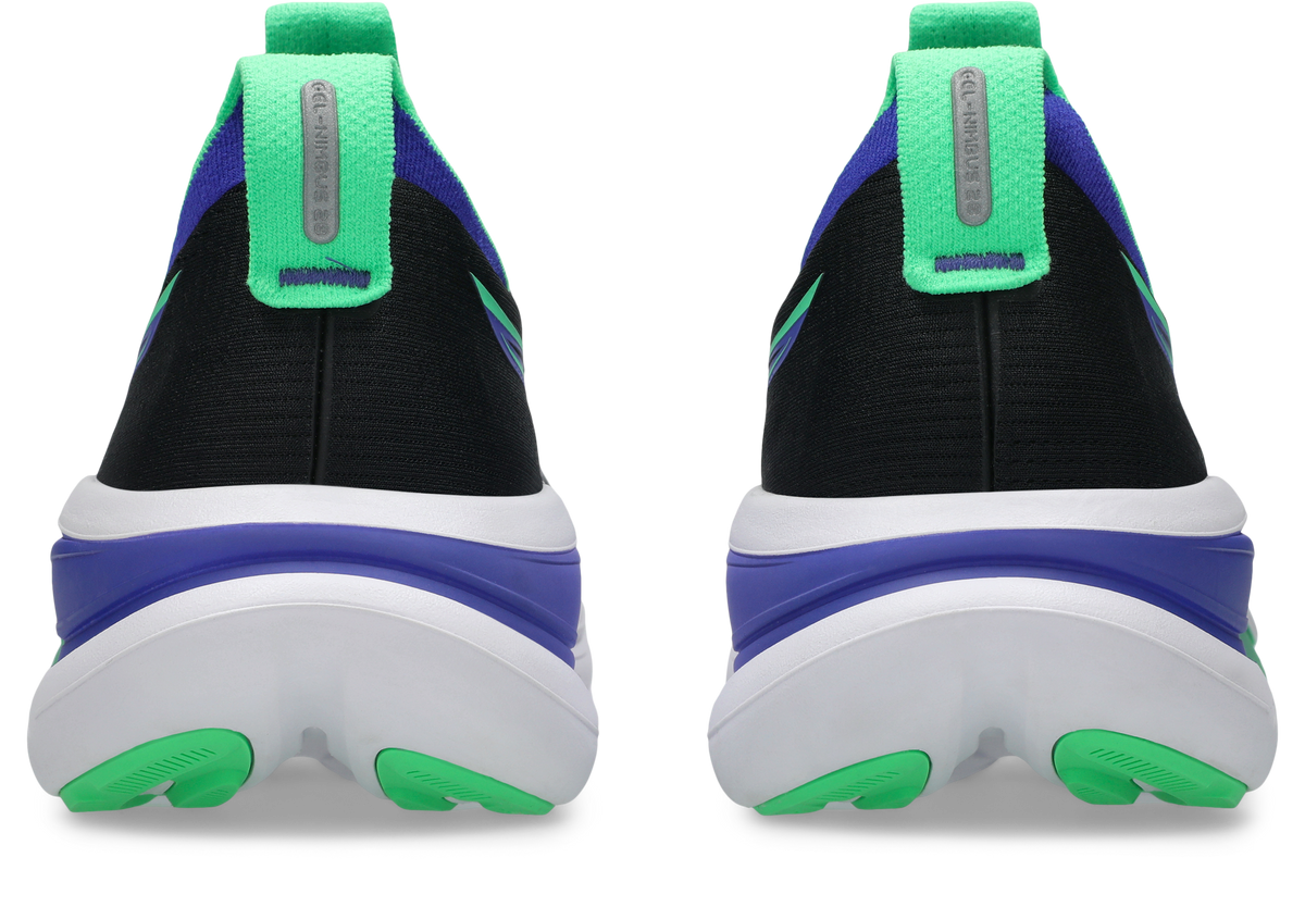 ASICS Gel Nimbus 28 pair shown from rear view displaying heel counter and cobalt blue midsole