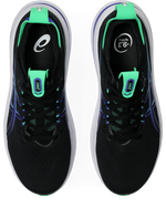 ASICS Gel Nimbus 28 pair shown from top-down view in black and cobalt burst colorway