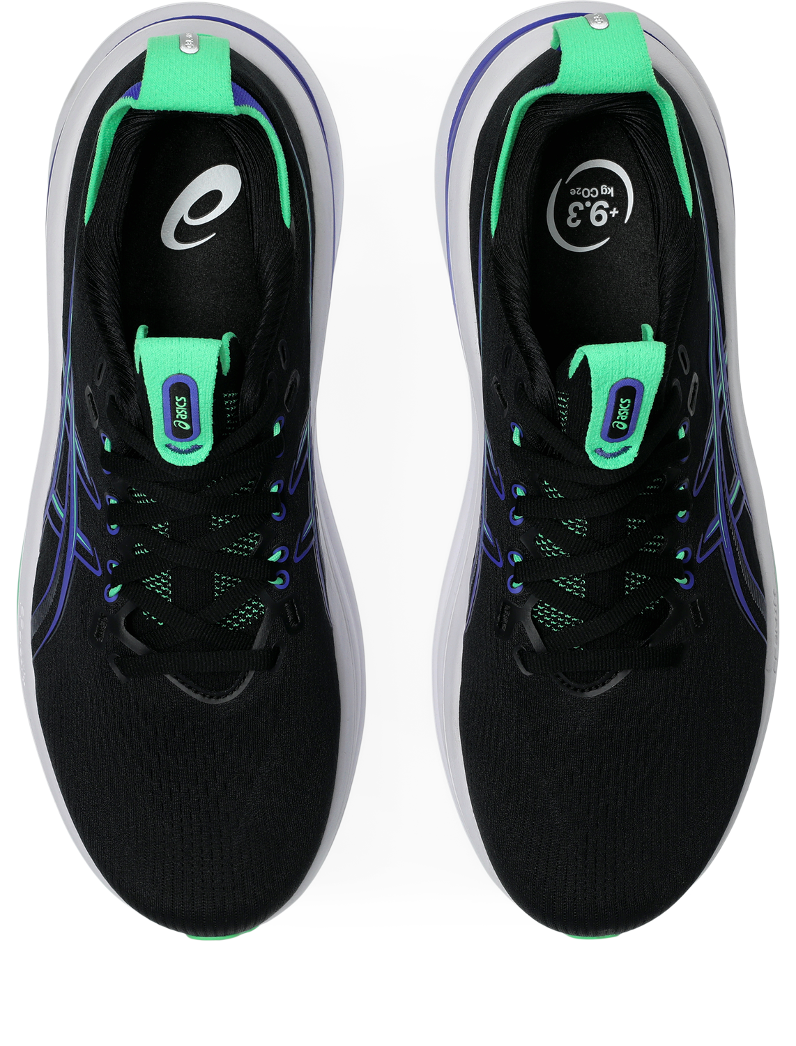 ASICS Gel Nimbus 28 pair shown from top-down view in black and cobalt burst colorway