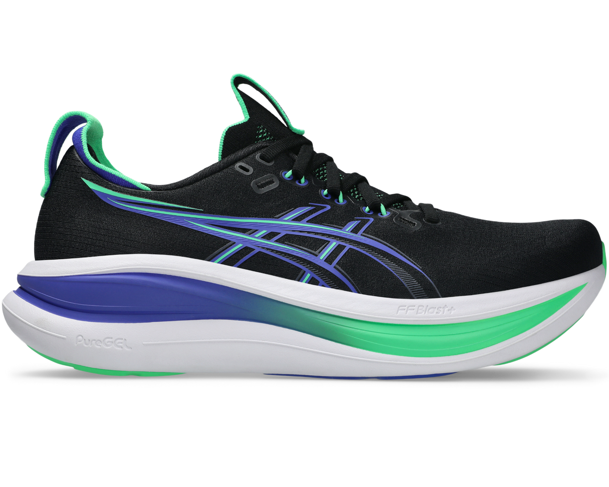 ASICS Gel Nimbus 28 running shoe in black and cobalt burst with green accents, lateral view