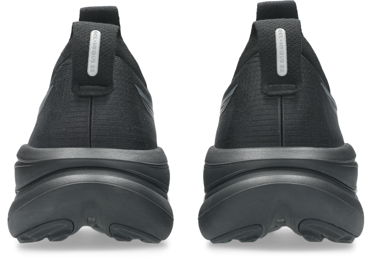 ASICS Gel Nimbus 28 pair of running shoes rear heel view in black colorway