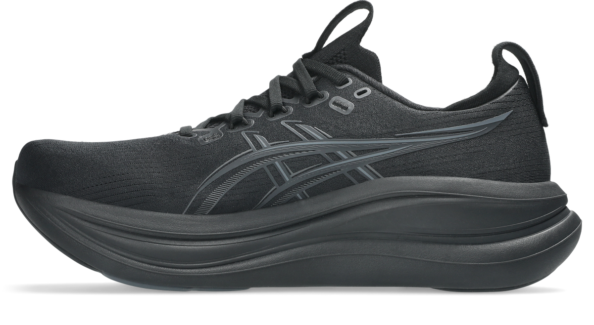 ASICS Gel Nimbus 28 running shoe in black graphite grey medial side view